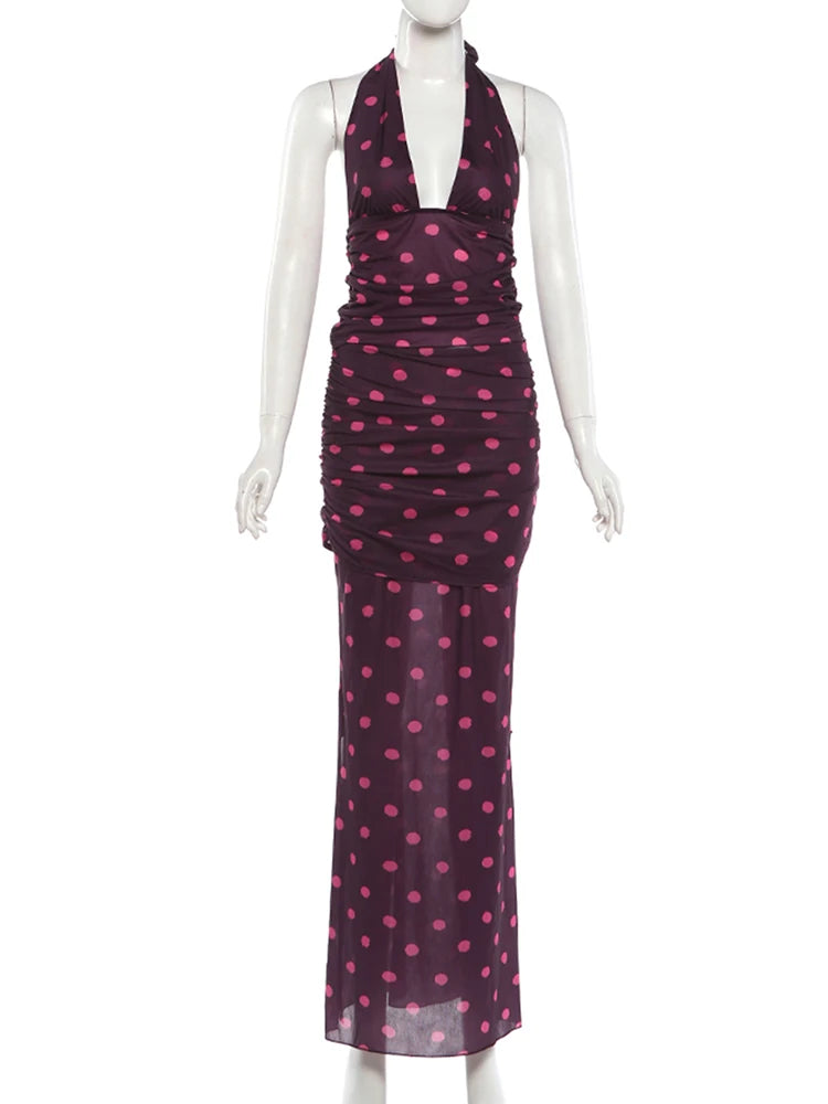 LIZAKOSHT  -  Polka Dot Print 2-Piece Set Hakter Bandage Backless v-Neck Vest+Folds Elastic Waist Skirt Vacation Elegant Suits