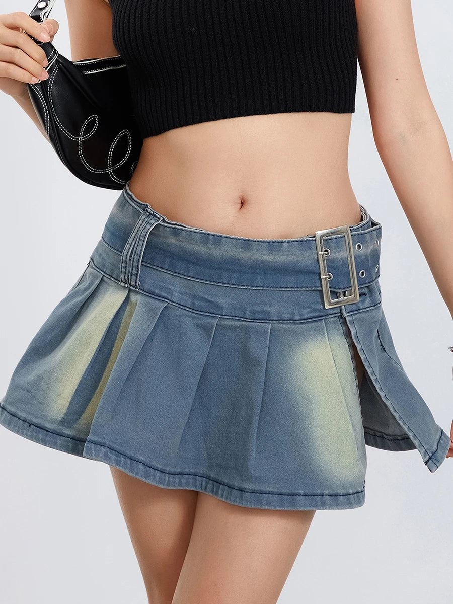 LIZAKOSHT  -  Retro Low waist Denim Mini Skirts Women's Short A-Line Pleated Skirt with Belt Streetwear Aesthetic Clothes Jeans Skirt