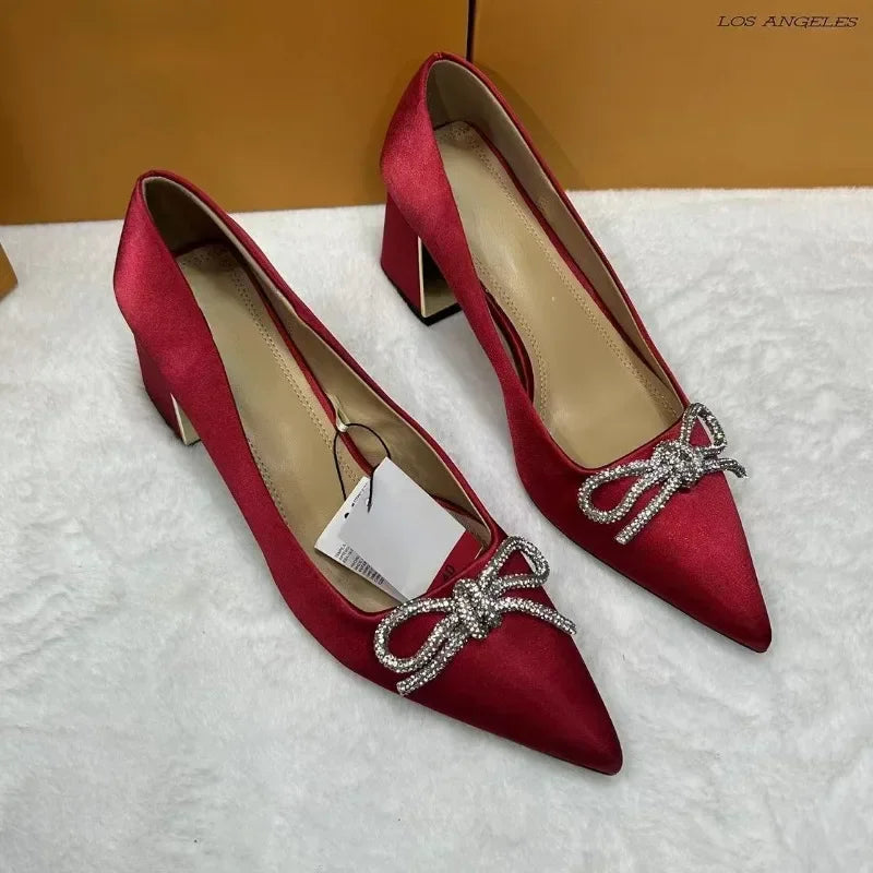 LIZAKOSHT  -  Chunky High Heels Women Shoes Autumn New Luxury Rhinestones Bowknot Pointed Toe Bling Crystals Elegant Ladies Pumps