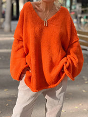 LIZAKOSHT  -  Autumn Winter Fashion Knitting Sweaters, Women Solid Patchwork V Neck Simple Pullovers, New Loose Long Raglan Sleeve Ladies Tops