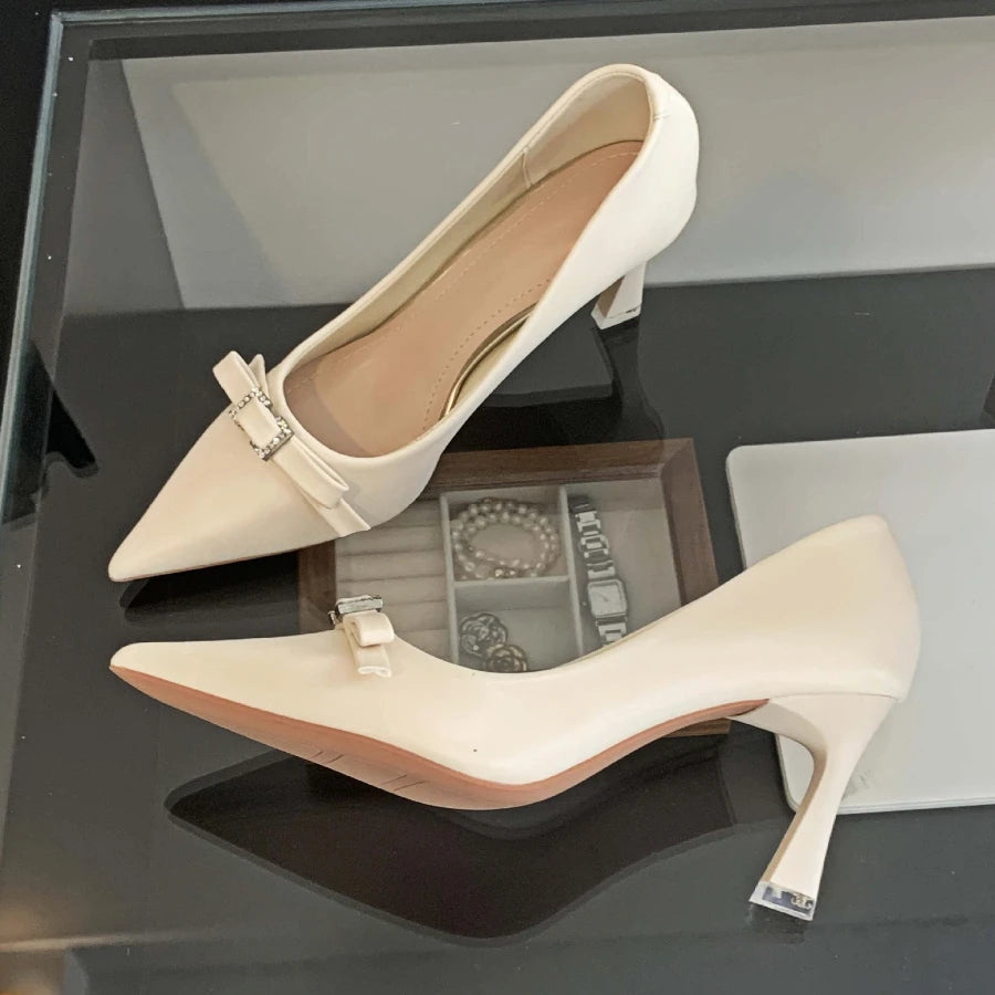 LIZAKOSHT  -  Bow Design Fine High Heels Women Brand Elegant Pumps Female Comfy Simple Fashions Pointed Toe High Heeled Office Women Shoes