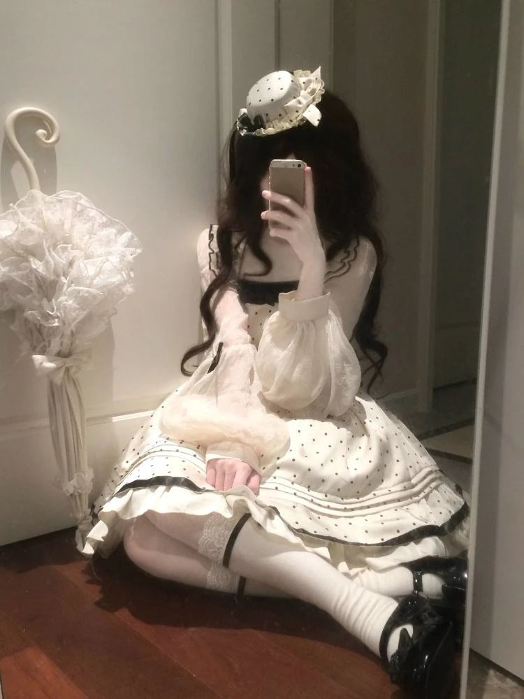 LIZAKOSHT  -  Summer Kawaii Polka Dot 2-piece Set Women Bow Cute Mini Dress + Solid Short Cardigan Daily Elegant Lolita Dress Sets New