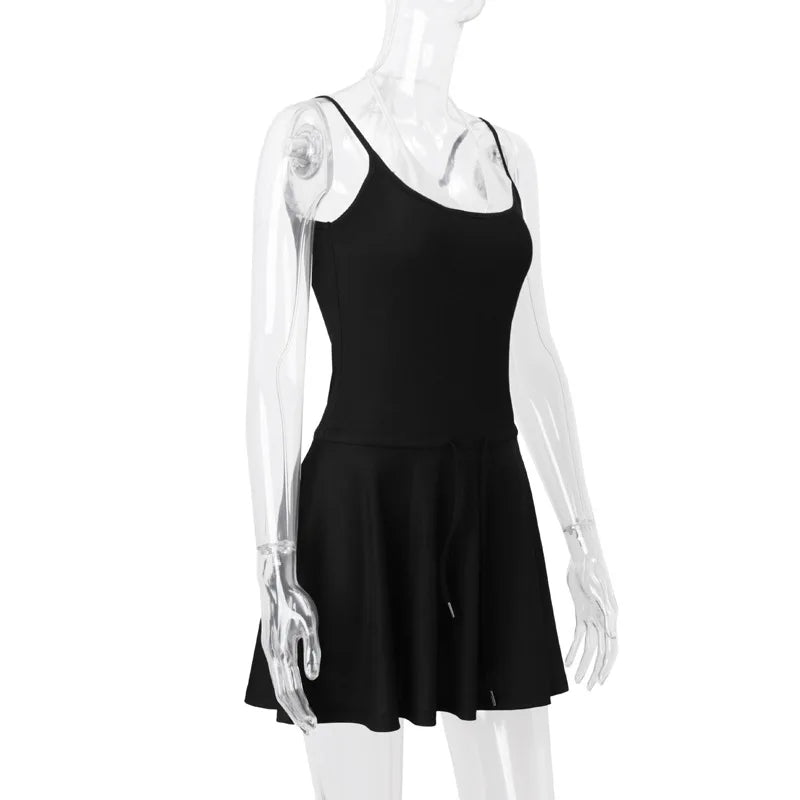 LIZAKOSHT  -  Sexy Backless Women Fake Two Piece Sets Black Spaghetti Strap V-neck Dress Female Summer Skinny Elegant Streetwear