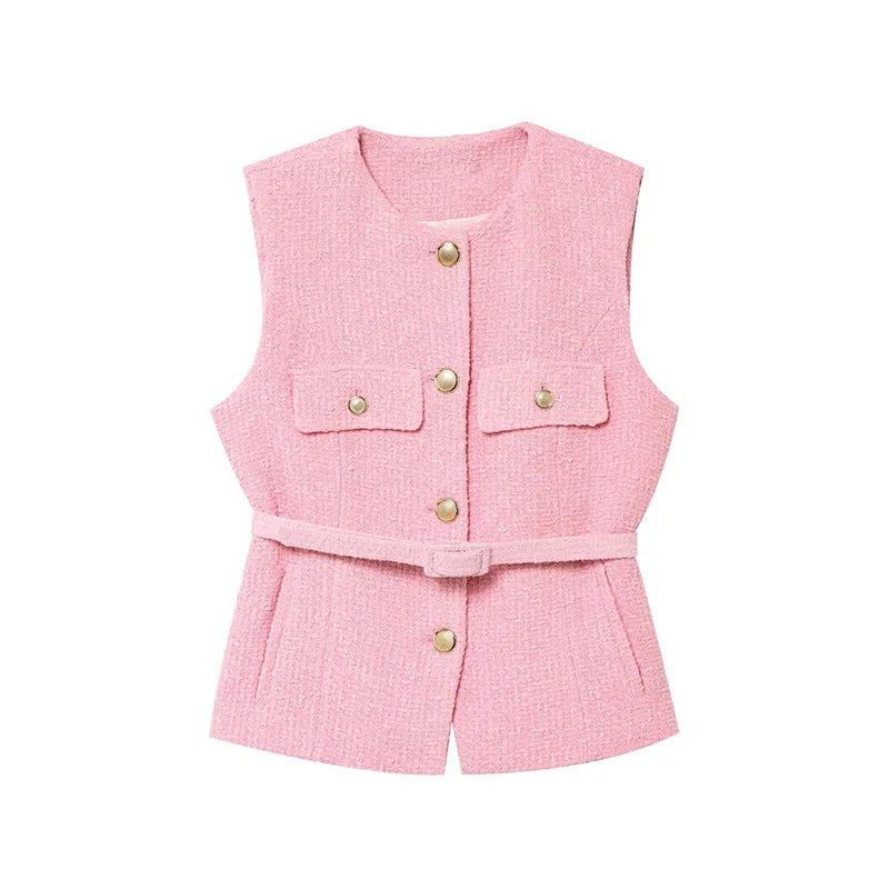 LIZAKOSHT  -  Autumn Belt Sleeveless Vest Shirt Women O Neck Patchwork Gold Button Cardigan Tops 2025 Street Elegant Casual Tank Top