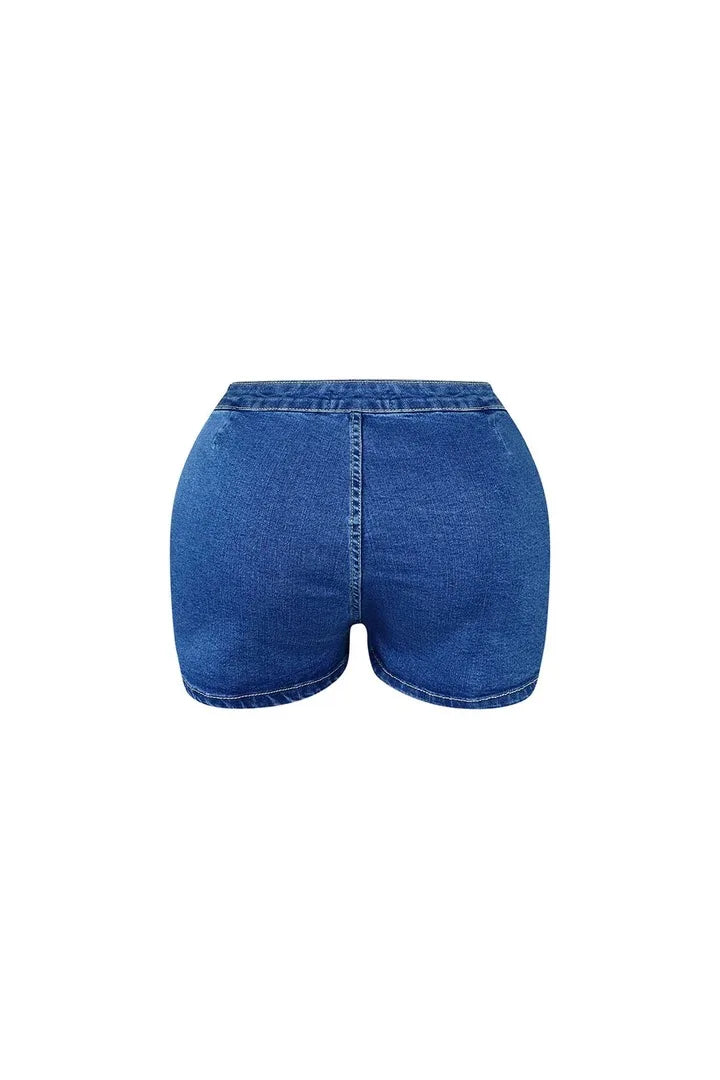 LIZAKOSHT  -  Stretch Denim Short Two Piece Set for Women Summer Sexy Button Strapless Tube Crop Top + Culottes Shorts Skinny Streetwear Suits