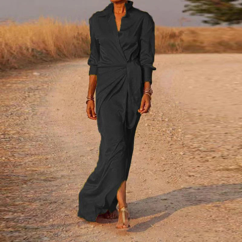LIZAKOSHT  -  Casual Office Lapel V Neck Maxi Dresses Spring Women Long Sleeve Solid Shirts Dress Elegant Lady Lace Up Split Slim Long Dresses