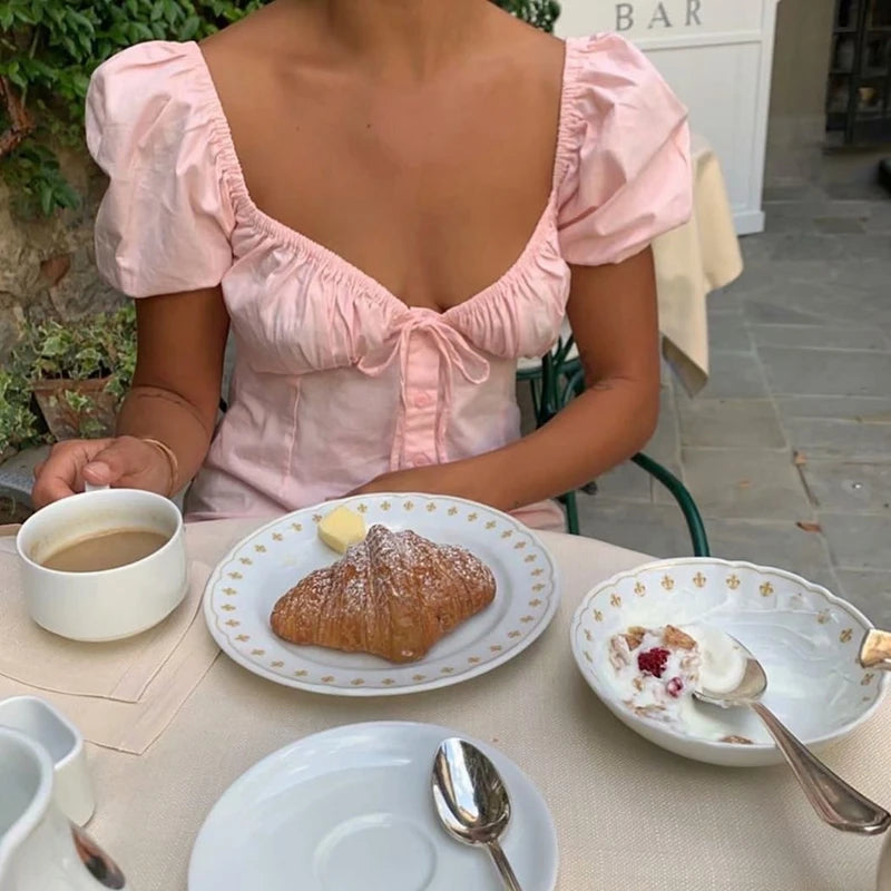 LIZAKOSHT  -  Summer dress women mini dress sexy casual korean dresses elegant  party dresses casual ruched puff sleeve dress pink