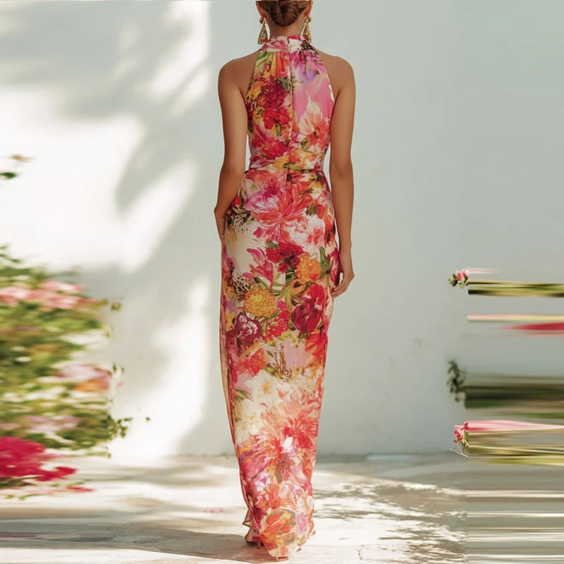 LIZAKOSHT  -  Elegant Sleeveless Hight Waist Holiday Long Dress Women Fashion Draped Summer Dress Sexy Halter Floral Print Bohe Bodycon Dress