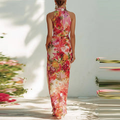 LIZAKOSHT  -  Elegant Sleeveless Hight Waist Holiday Long Dress Women Fashion Draped Summer Dress Sexy Halter Floral Print Bohe Bodycon Dress