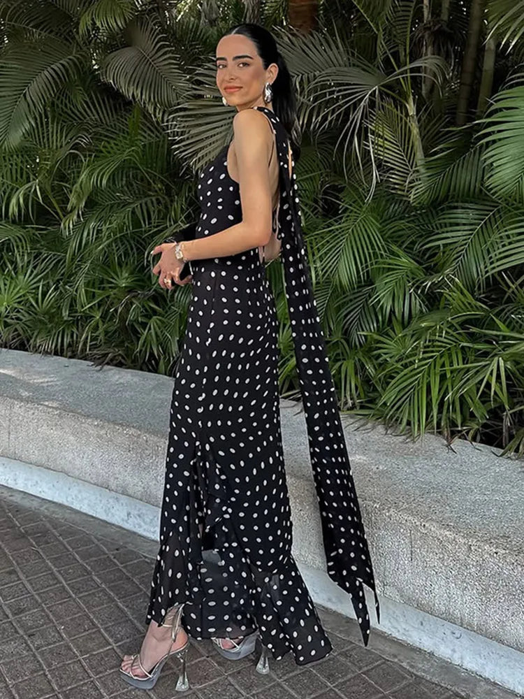 LIZAKOSHT  -  Halter Scarf Polka Dot Dress Pile Collar Slim Fit Suspender Lady Robes Beach Wrap Hip Fishtail Women's Camisole Long Dresses