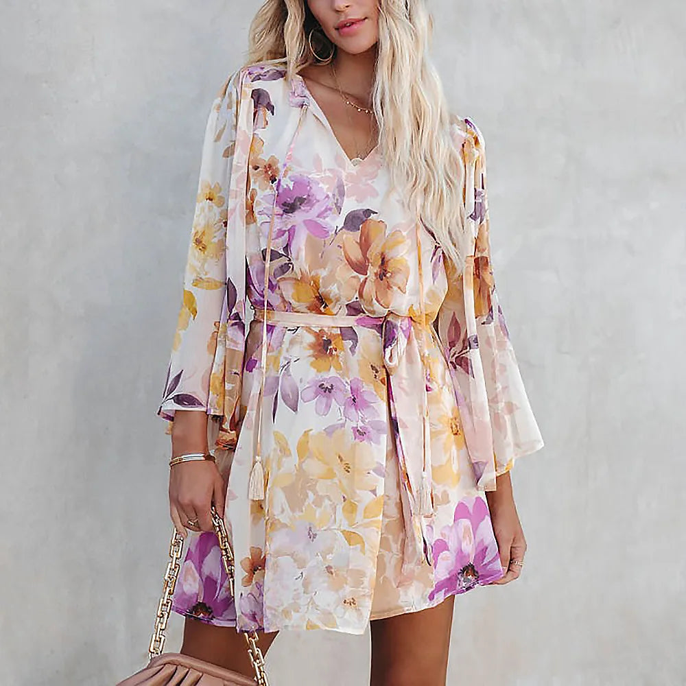 LIZAKOSHT  -  New Women's Fashionable Floral V-neck Long Sleeved Backless Lace Up Casual Dress
