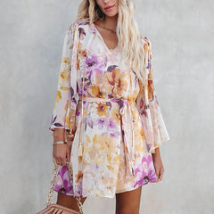 LIZAKOSHT  -  New Women's Fashionable Floral V-neck Long Sleeved Backless Lace Up Casual Dress