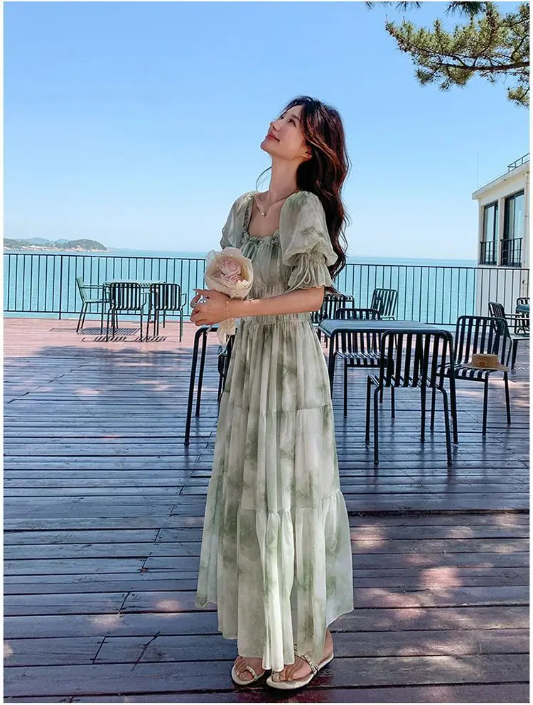 LIZAKOSHT  -  French Tender Style Square Collar Floral Print Dress for Women