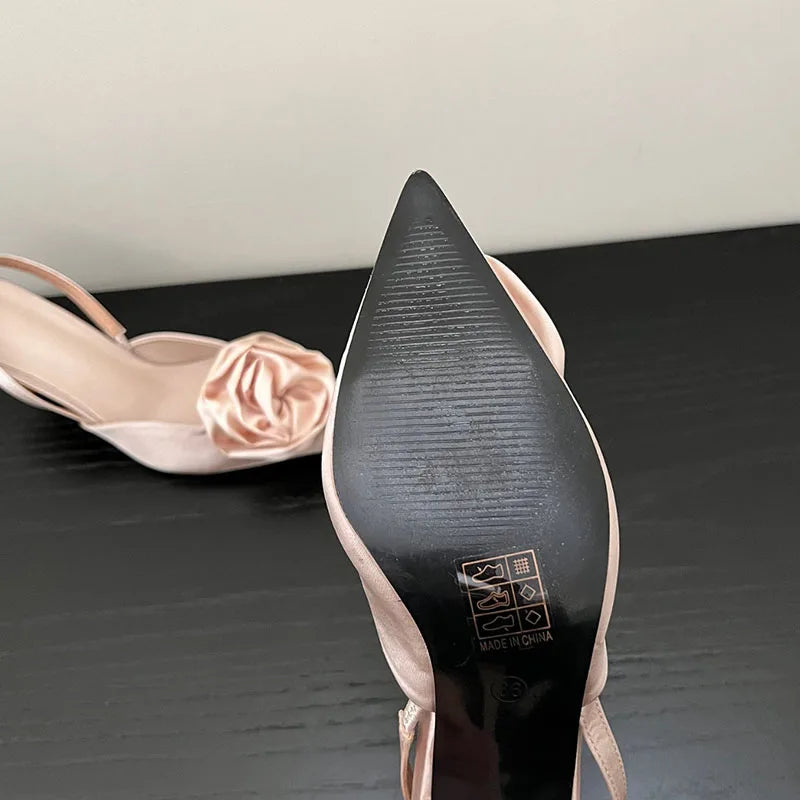 LIZAKOSHT Spring Pink New Brand Big Flower Women Sandal Fashion Pointed Toe Slip On Slingback Shoes Thin High Dress Pumps Shoes
