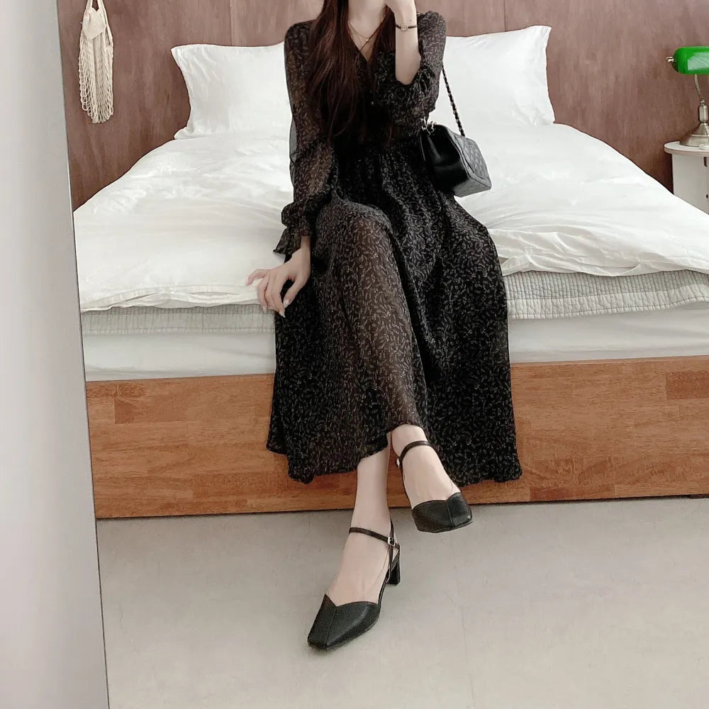LIZAKOSHT  -  Korean Floral Print Midi Dresses for Women Summer New Pleated Slim Waist V-neck Long Sleeves Chiffon Sweet Female Clothing