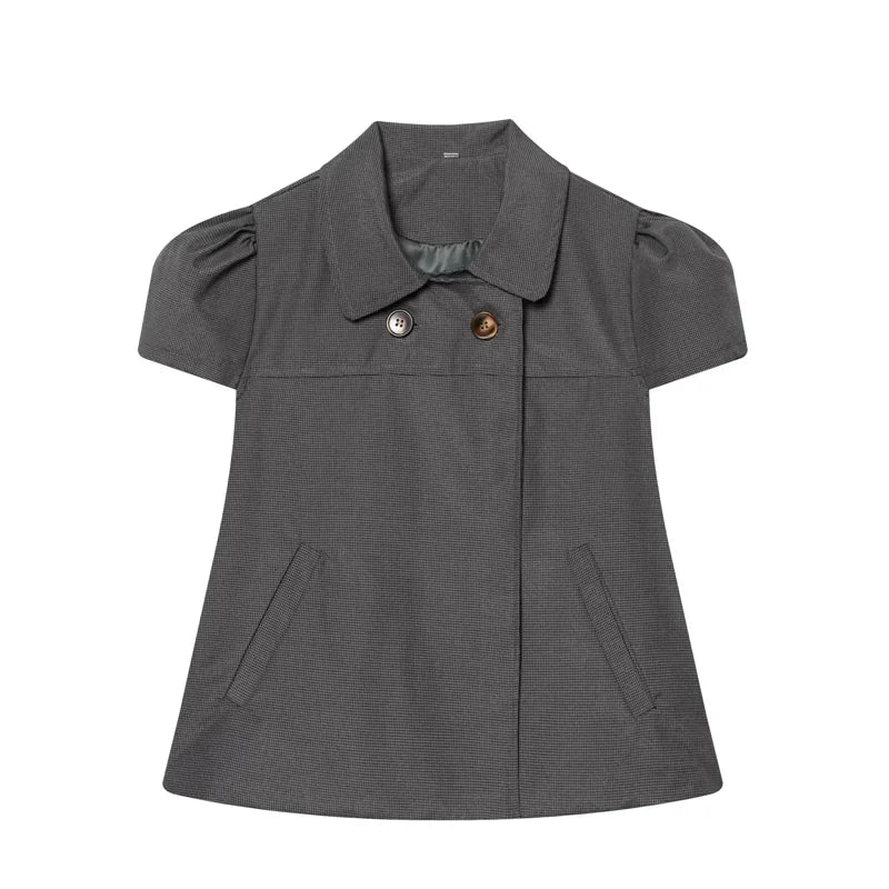 LIZAKOSHT  -  Spring New Women's American Retro Style Shirt Collar Puffy Short Sleeve Button Decorated Short Plaid Top Casual Fit Polyester