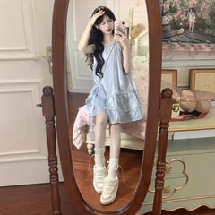 LIZAKOSHT  -  Women's Sweet Fairy Halter Neck Mini Dress French Style Sleeveless Ruffle Dress for Petite