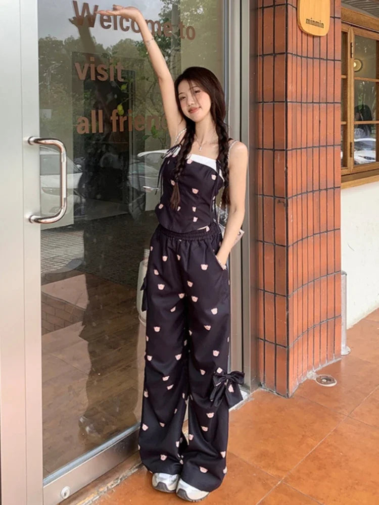 LIZAKOSHT  -  Sweet Spice Girl Bear Bow Suit Women Summer Pink Vest Sling+High Waist Elasticity Casual Workwear Wide Leg Trousers 2-Piece Set