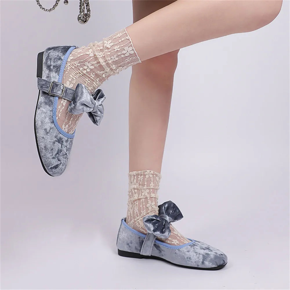 LIZAKOSHT  -  Size 42 flannel Sweet Lolita Mary Janes Shoes Comfy Sole Big Bow Tie Pink Flats Shoes Women