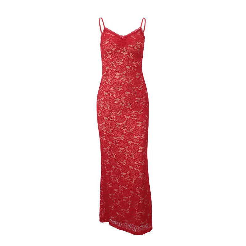 LIZAKOSHT  -  Vintage Red Floral Lace Double Layer Spaghetti Strap V Neck Bodycon Slimming Maxi Dress Festival Party Night Date Gowns Outfits