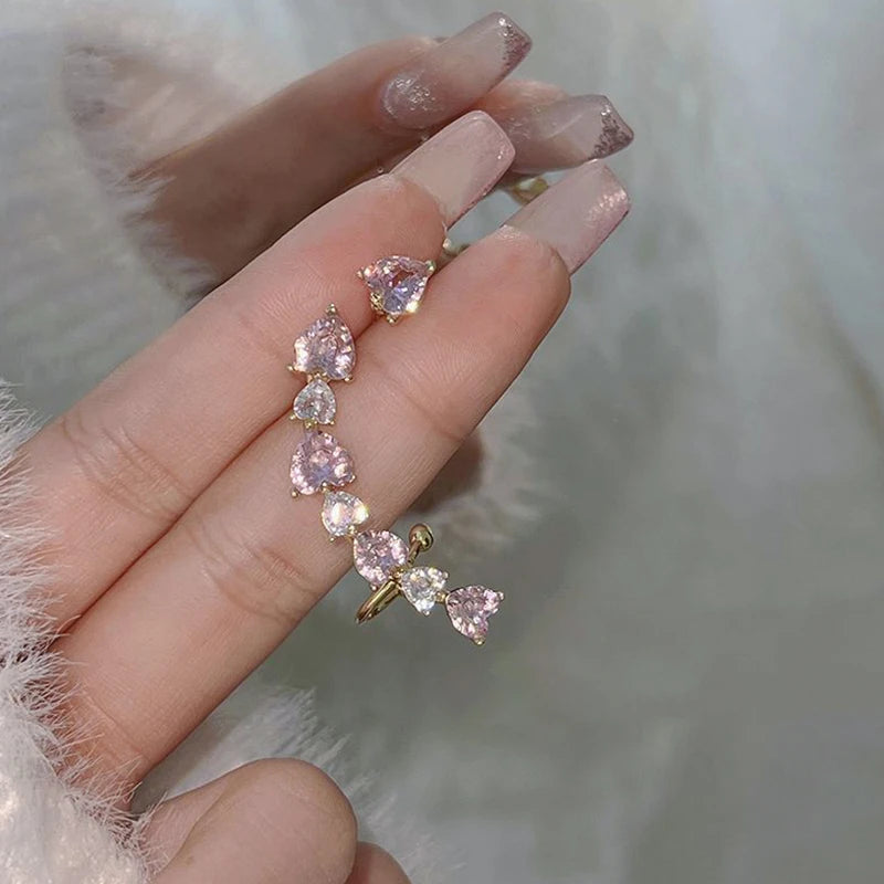 Lizakosht Fashion Pink Love Heart Zircon Earrings Women Asymmetric Sweet Temperament Ear Clips Without Piercing Wedding Party Jewelry Gift