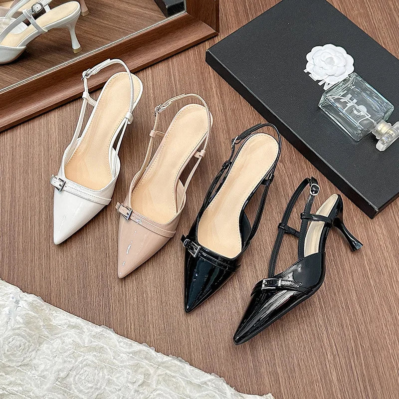 LIZAKOSHT  -  pointed toe japanned leather women sandals metal buckle slingback high heels summer shoes woman cutout sandalias de tacón