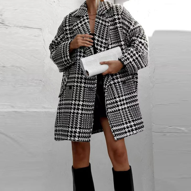 LIZAKOSHT  -  Elegant Turn-down Collar Woolen Jacket Women Coat Fall Double Breasted Commuter Top Cardigan Winter Houndstooth Print Outerwears