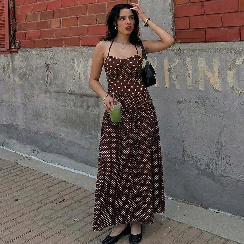 LIZAKOSHT  -  Women Polka Dot Halter Neck Maxi Dress Ruched A Line Vintage Elegant Holiday Beach Vacation Dress Spring Summer Outfit