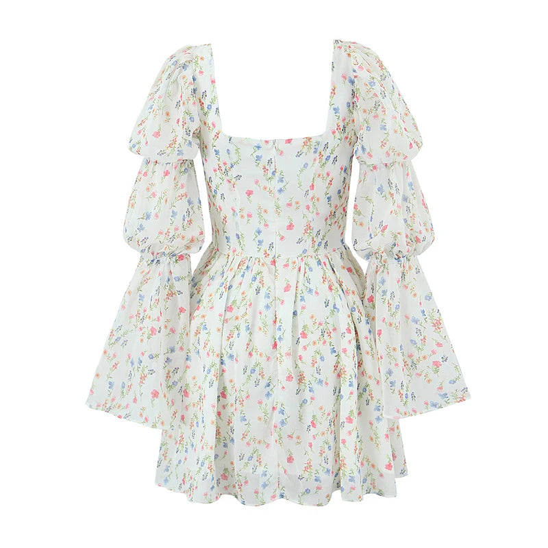 LIZAKOSHT  -  Sweet Women Floral Print Mini Dress Long Sleeve Square Neck Female Party Summer Dresses Holiday Robe
