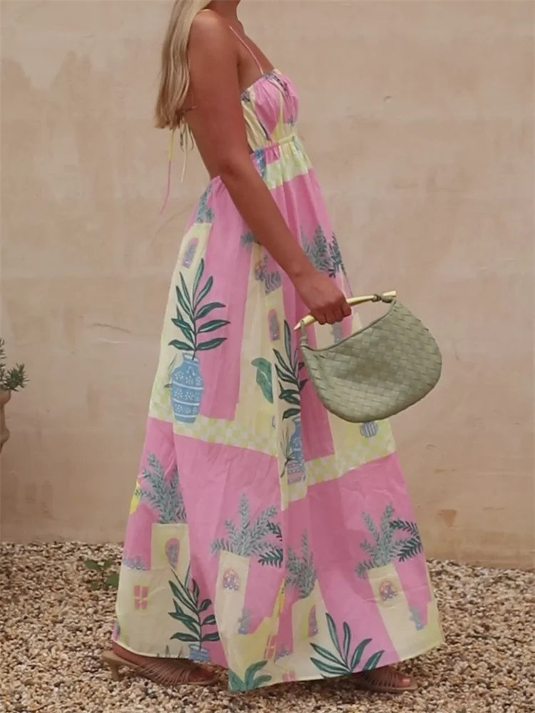LIZAKOSHT  -  Women Sleeveless Strap Dress Backless Floral Bohemian Long Maxi Dress Summer Beach Female Vestidos Beachwear New