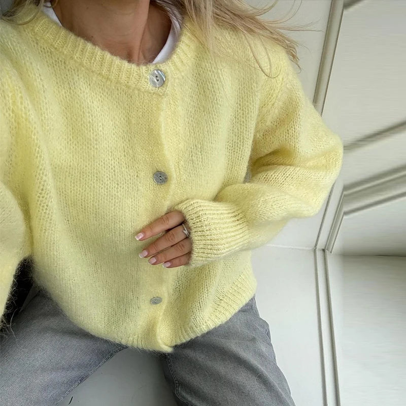 LIZAKOSHT  -  Round Neck Sweater Cardigan Minimalism Cute Soft Waxy Knitted Short Coat Jacket Women Casual Loose Slimming Single Breasted Top