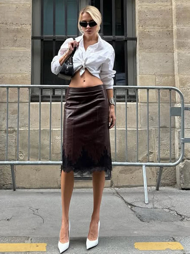 LIZAKOSHT  -  Patchwork PU Leather Lace Women Skirt Brown High Waist Mini Skirt Female Autumn Winter New Elegant Party Streetwear