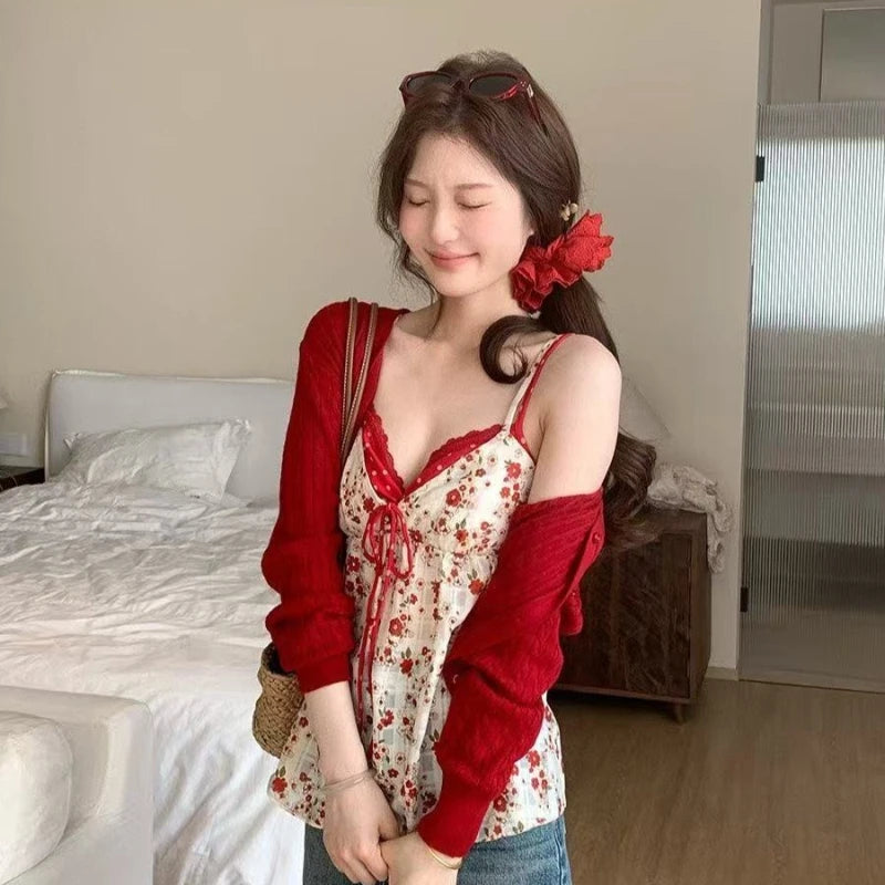LIZAKOSHT  -  French Floral Fake Two Piece Lace Cami Top Women Summer Slim Fit Sweet Sexy Chic Camis Style Streetwear Fashion Outfit New