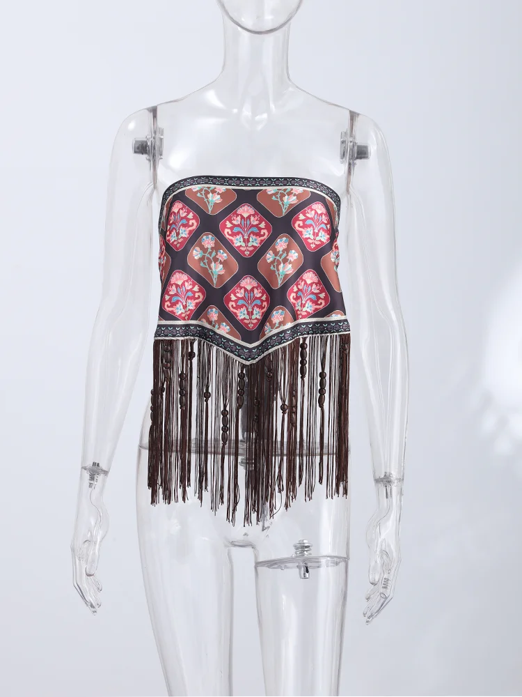 LIZAKOSHT  -  Women Floral Print Strapless Tube Top Long Tassel Asymmetric Triangle Hanky Hem Boho Western Cowgirl Festival Crop Bustier