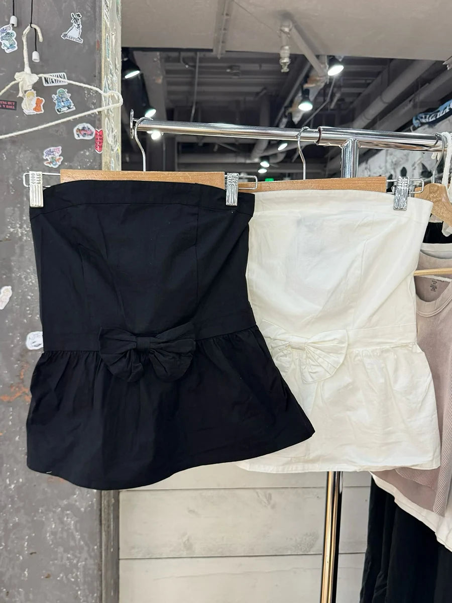 LIZAKOSHT  -  Black Bow Decor Strapless Tube Top Woman Summer Elastic Waist Sleeveless Slim Crop Tops Solid Sweet Preppy Style Cotton New Vest