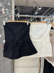 LIZAKOSHT  -  Black Bow Decor Strapless Tube Top Woman Summer Elastic Waist Sleeveless Slim Crop Tops Solid Sweet Preppy Style Cotton New Vest