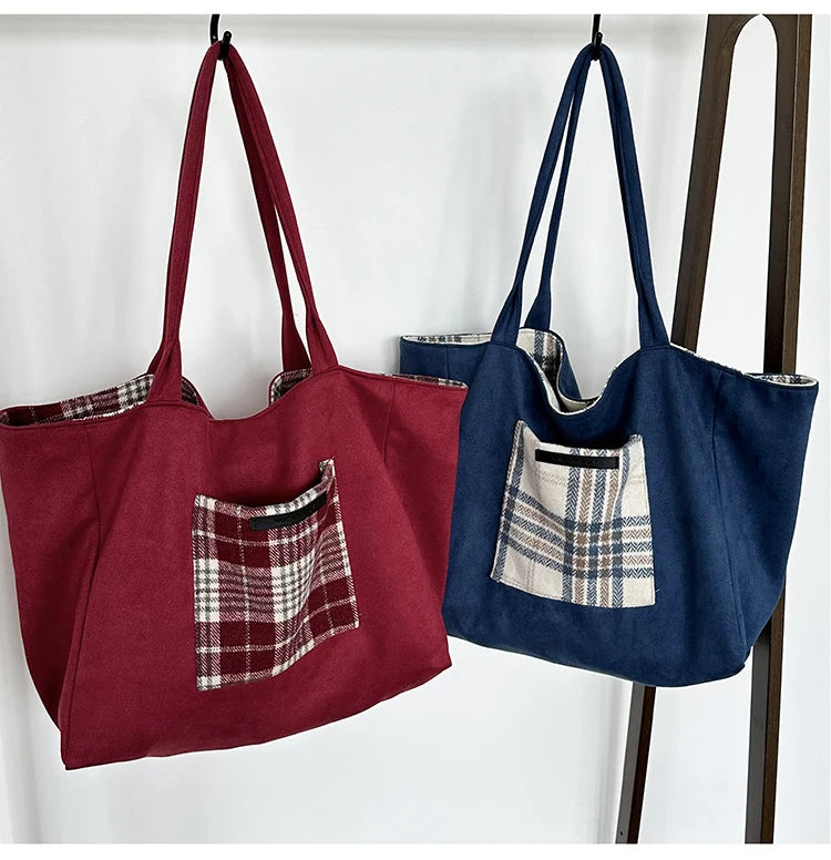 LIZAKOSHT  -  Autumn and Winter Woolen Plaid Shoulder Bag Double Sided Use Handbag Large Capacity Tote Bags For Women