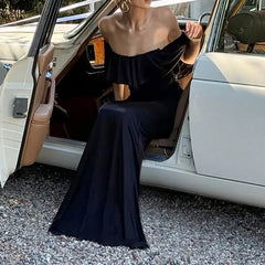 LIZAKOSHT  -  Lady Elegant Off Shoulder Bodycon Gown Women Casual Short Sleeve Solid Slim Birthday Dress Fashion Hight Waist Draped Long Dress