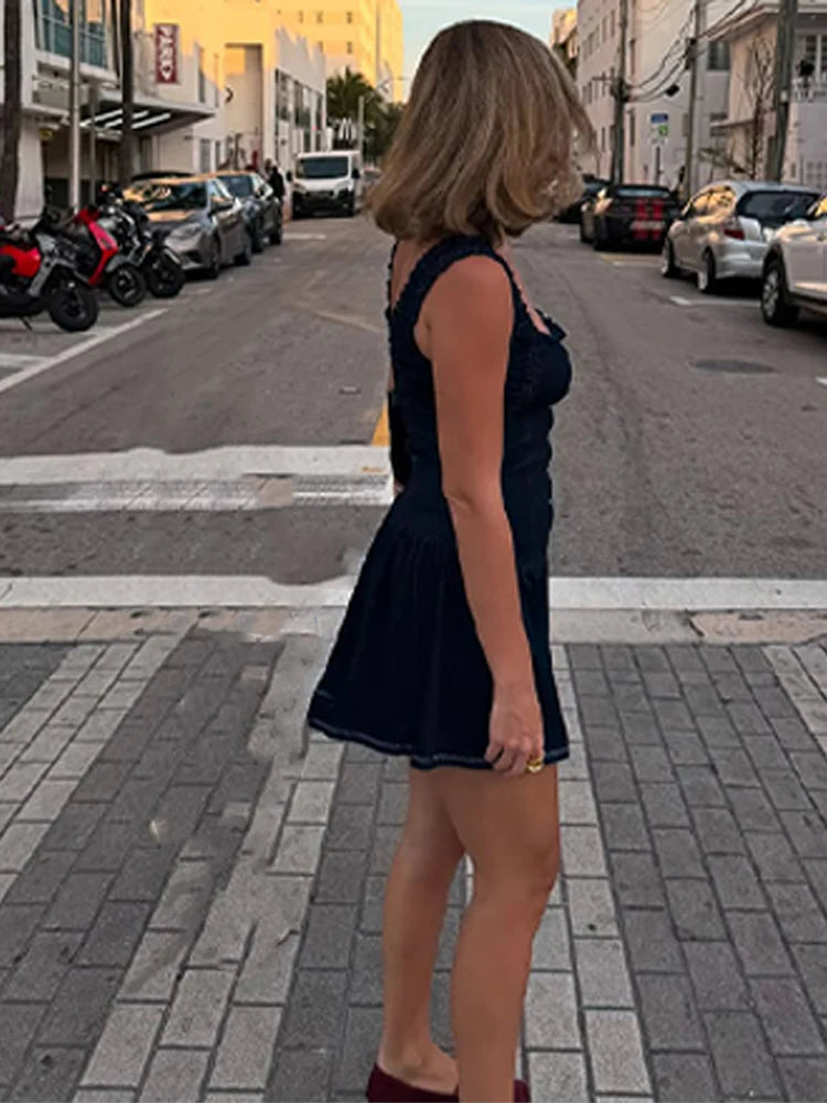LIZAKOSHT  -  Vintage Women Cinching Waist  Denim Slip Pleated Dress Dark Blue A-line Strap Skirts Distressed Street Wear Casual Jeans Dress