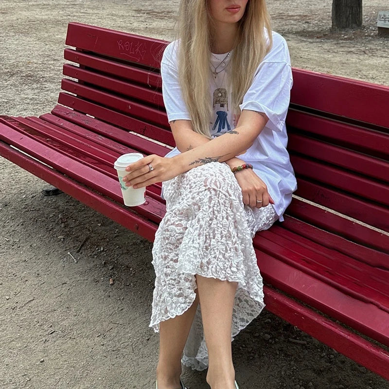 LIZAKOSHT  -  Vintage Lace Midi Skirt Floral Sheer See-Through Irregular Hem A-line Skirt Fairy Streetwear Chic Women Long Skirt
