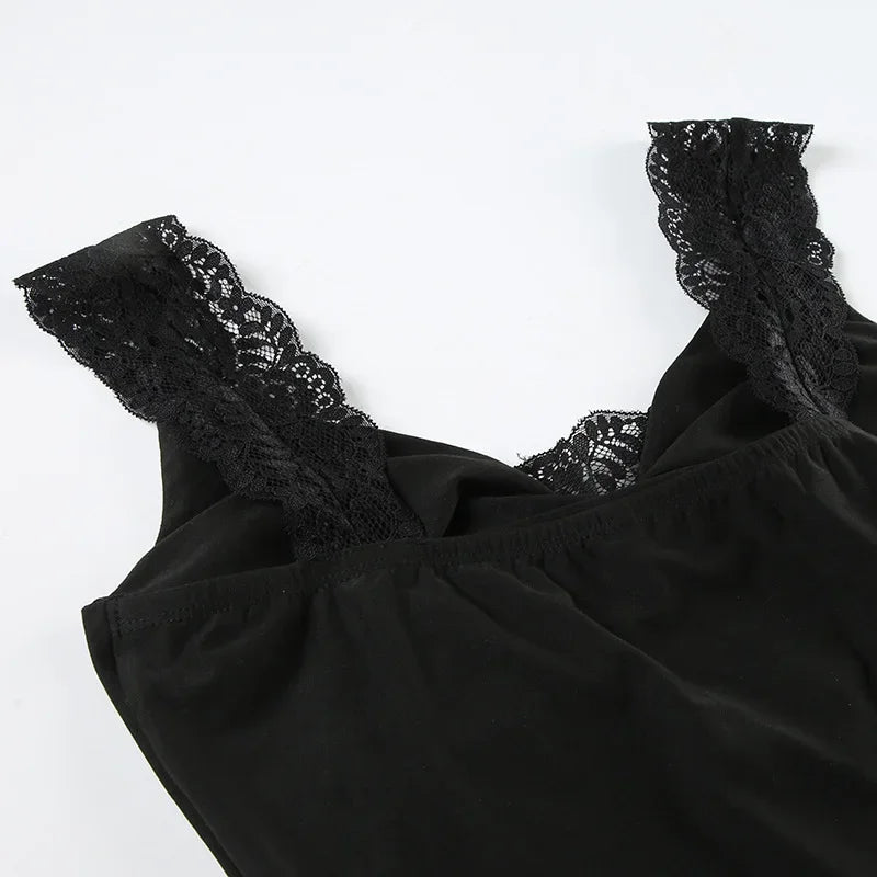 LIZAKOSHT  -  New Retro Dark Elegant Fashion Lace Stitch Sleeveless T-shirts Gothic Women Pleat V-neck Slim Tank Tops Y2K Aesthetic Vest