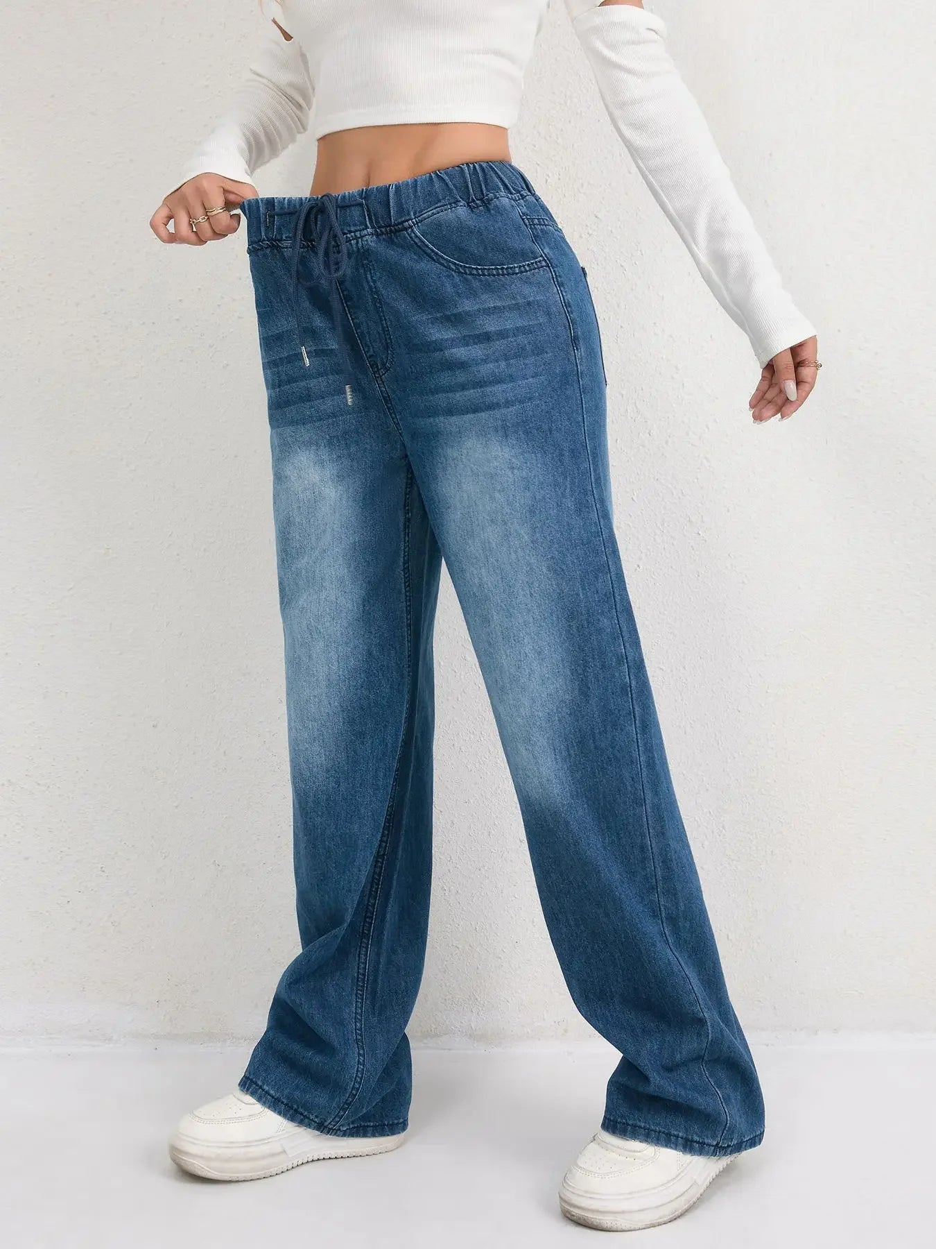 LIZAKOSHT  -  Trendy Elastic Waist Women Jeans Wide Pants Baggy Denim Trousers Loose Fit High Quality Comfort Stretch Fashion New Design