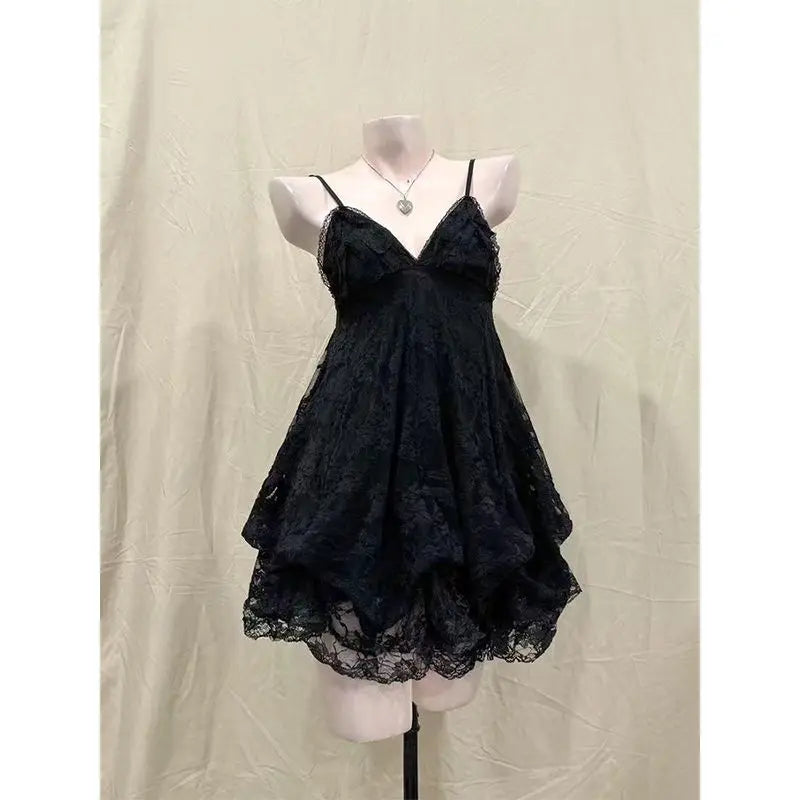 LIZAKOSHT  -  Japanese Vintage Style Strap Dress Women Korean Fashion Black Lace Cami Dresses Summer Sweet Patchwork New One Piece Dress