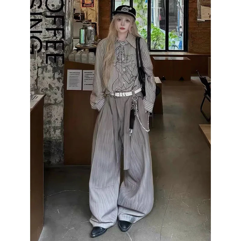 LIZAKOSHT  -  Women's Autumn Winter Striped High Waist Trousers Office Girl Retro Straight Pants Female Wide Leg Streetwear