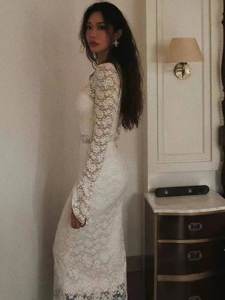 LIZAKOSHT  -  Sexy Deep V-neck Lace Women 3 Piece Sets White Long Sleeve See Through Dress Set Winter Slim Elegant Party Evening Dress