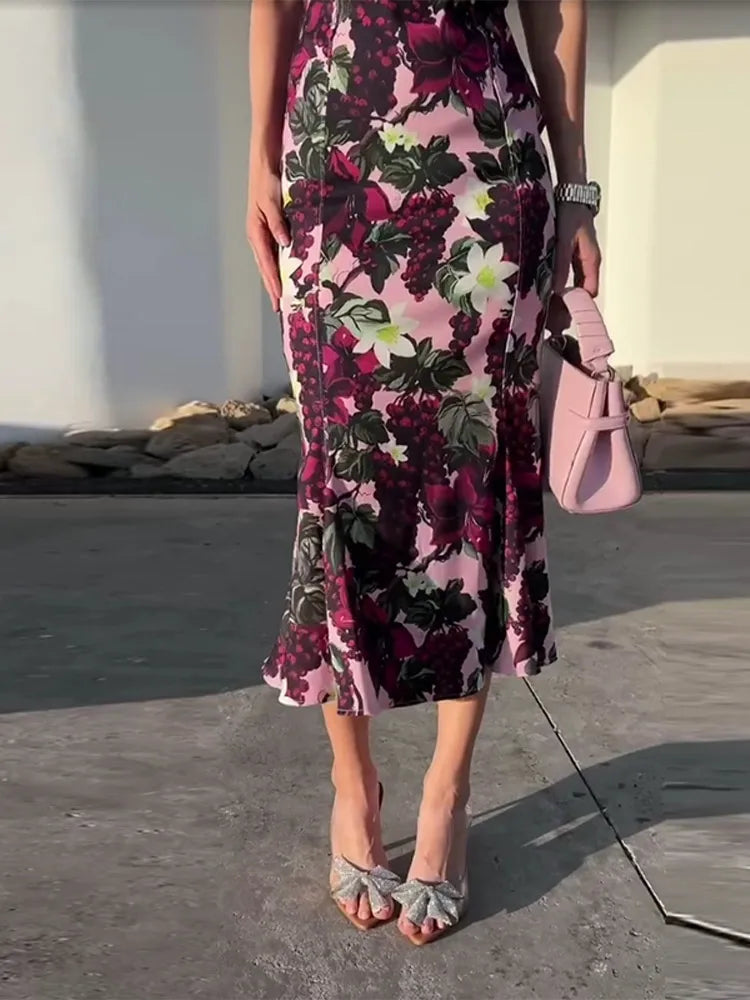 LIZAKOSHT  -  Elegant Floral Fruit Patterned Slip Dress For Women Square Collar sleeveless Hip Package 2025 Female Party Vacation Chic Dresses