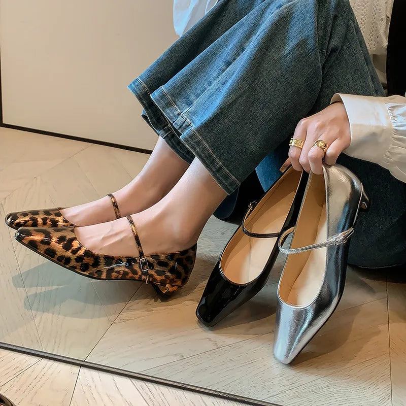 LIZAKOSHT  -  Fashion Pumps New High Quality Genuine Leather Leopard High Heels Square Head Shallow Mouth Mary Janes Women's Shoes