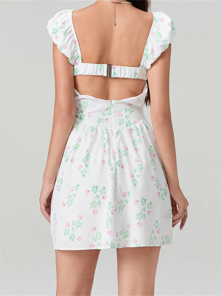 LIZAKOSHT  -  Women Short Mini Dress Short Sleeve Low-cut Backless Flower Print A-line Dress Summer Female High Waist Vestidos