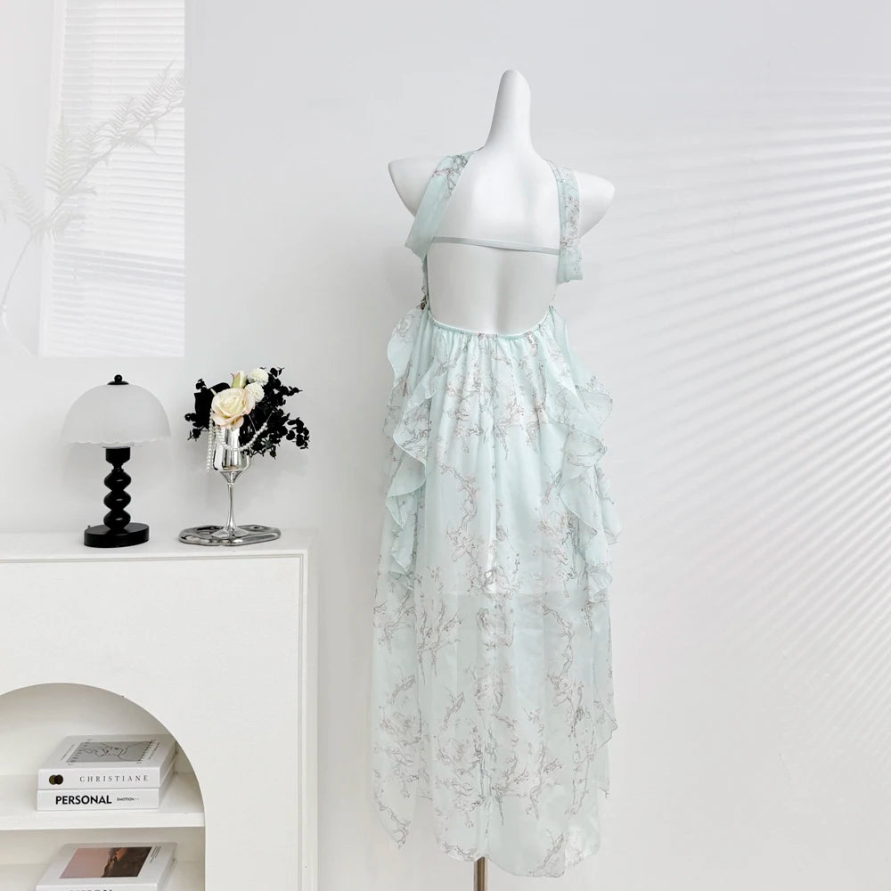 LIZAKOSHT  -  Sweet Lolita Chiffon Midi Dress Women Floral Print Ruffle Layered Halter Strapless Beach Vacation Japanese Fashion Casual Outfit