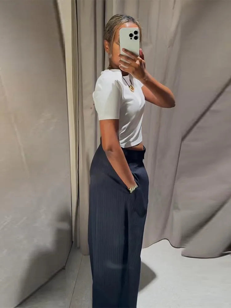 LIZAKOSHT  -  High Waist Striped Wide-Leg Pants For Woman Loose Irregular Floor-Length Trousers Single Bitton Pockets Fashion Casual Clothes